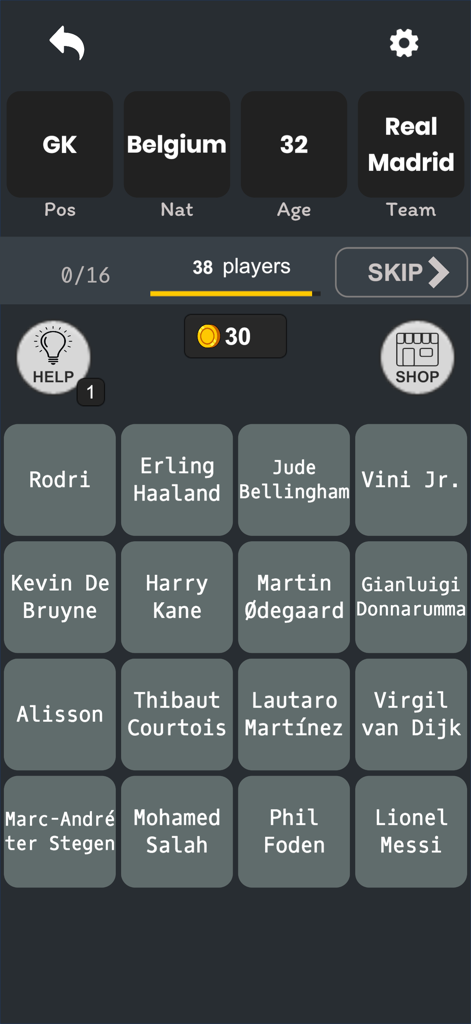 Bingo Football Quiz - A screenshot of the Bingo Football Quiz game interface showing clues to identify a Belgian goalkeeper for Real Madrid.