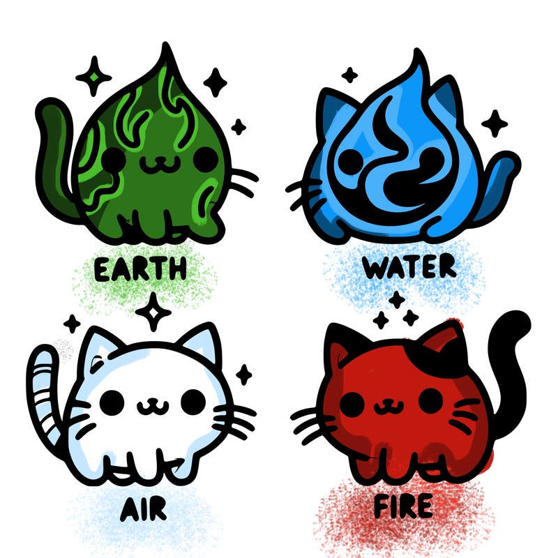 4 cats that represent the different elements, earth, water, air, and fire
