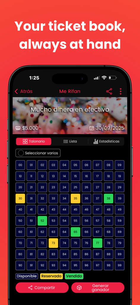 Me Rifan - Interfaz de la aplicación Me Rifan mostrando un talonario digital de rifa con una cuadrícula de números del 00 al 99 codificados por colores según el estado de disponibilidad