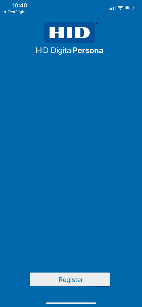 DigitalPersona - Écran d'accueil de l'application HID DigitalPersona avec un bouton d'inscription sur fond bleu.