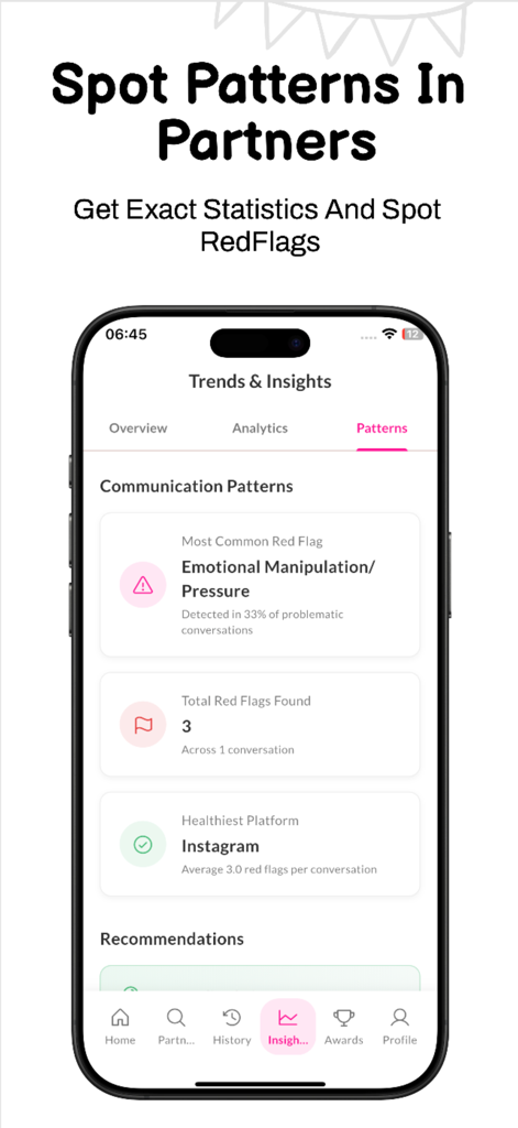 Red Flag Scanner Ai - Screenshot of the Red Flag Scanner Ai app showing relationship communication patterns and red flag statistics