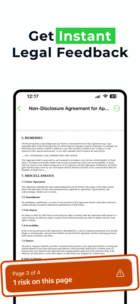 Legal Scan - Legal Scan app interface analyzing a non-disclosure agreement for legal risks