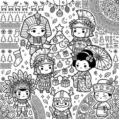 Embark on a delightful global journey this Christmas with our enchanting Kawaii coloring page. Discover cute historical figures from ancient cultures coming together to celebrate the festive season.