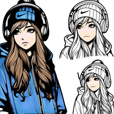 realistic girl wearing headphones, a hoodie, a beanie, and nikes