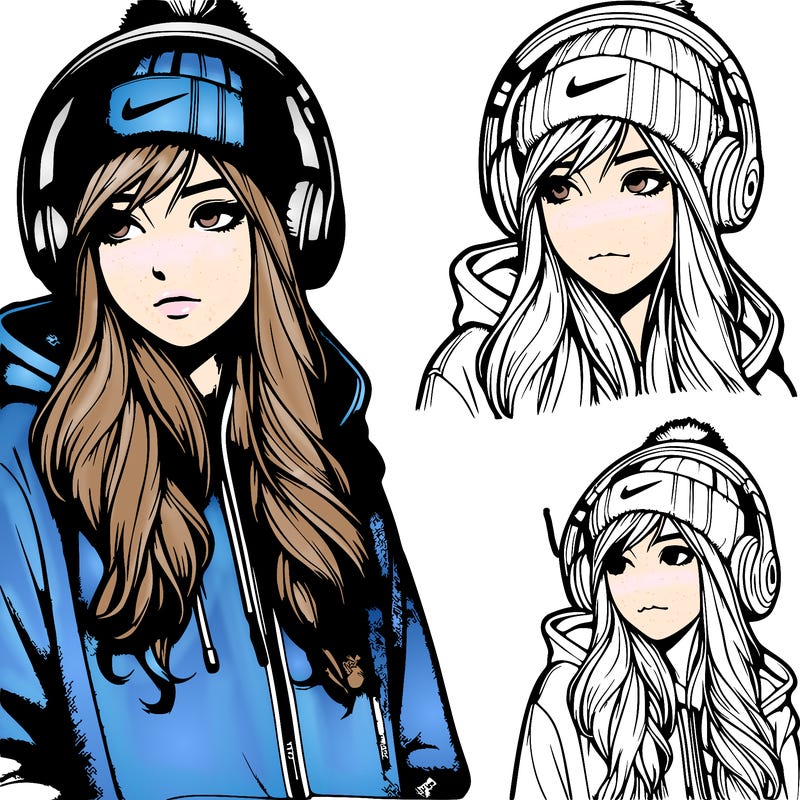 realistic girl wearing headphones, a hoodie, a beanie, and nikes