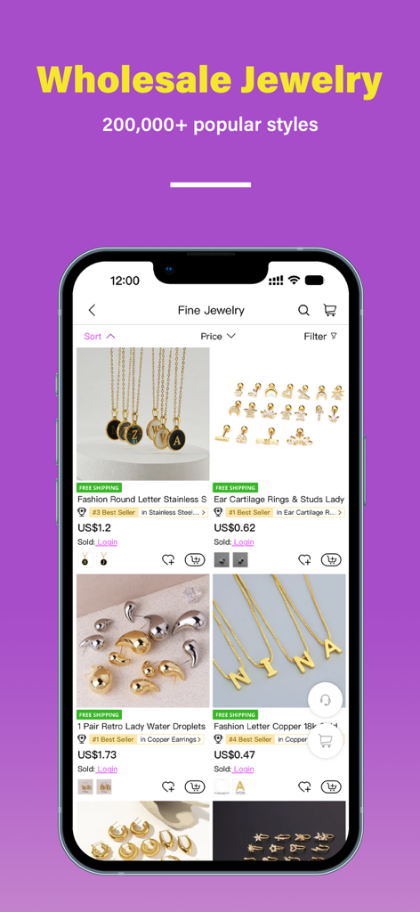 Nihaojewelry-Wholesale Online - Nihaojewelry app screen showing a catalog of wholesale necklaces and earrings with prices under two dollars.