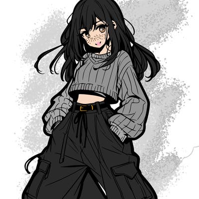 anime teen girl with baggy pants and crop top with sweater
