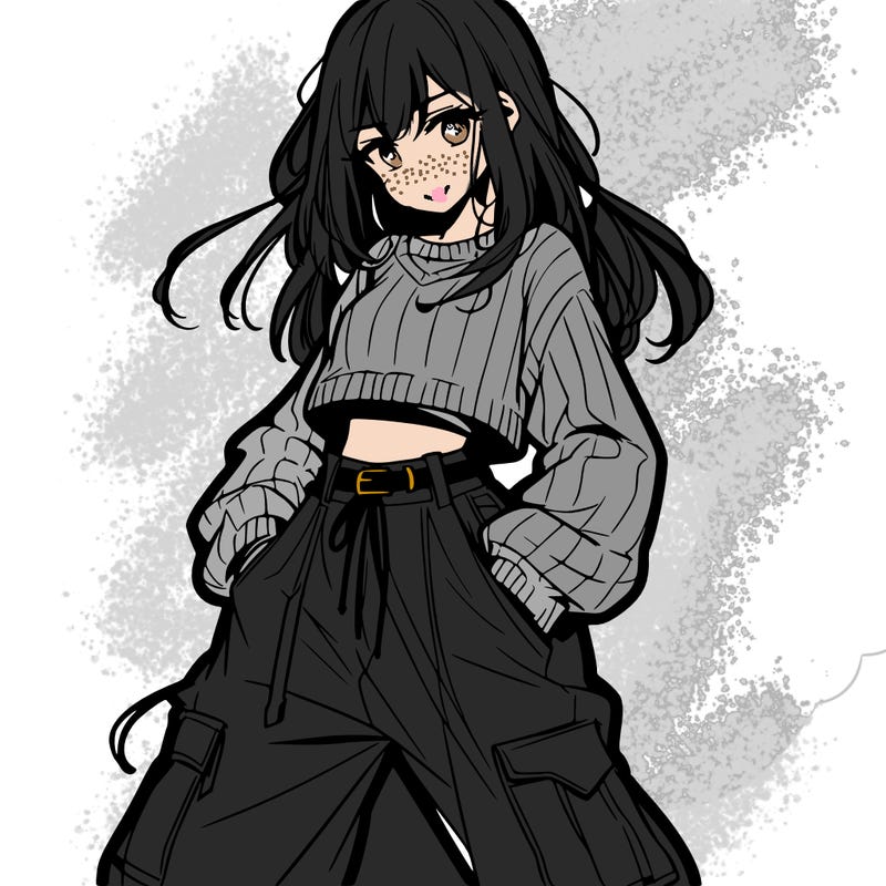 anime teen girl with baggy pants and crop top with sweater