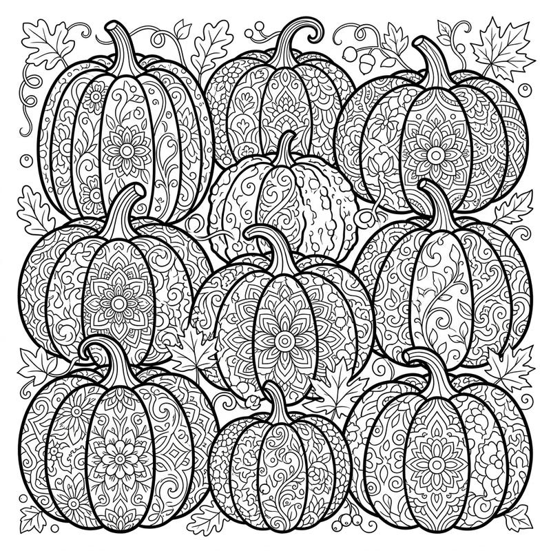 Uncover the intricate beauty of heirloom pumpkins with this detailed coloring page, perfect for adults. Dive into complex patterns and create a stunning tribute to the autumn season.