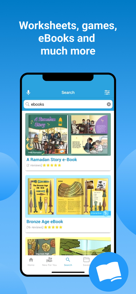 Interface de l'application Twinkl USA montrant une recherche d'e-books éducatifs et de ressources pédagogiques