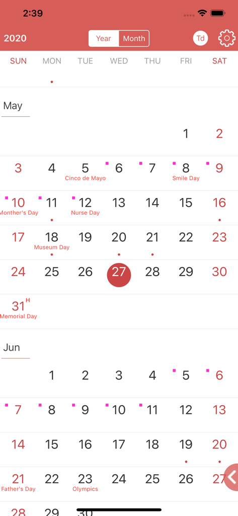 Calendar Planner - Reminder - Vista mensual del calendario de la aplicación Calendar Planner que muestra festividades y eventos de EE. UU. como el Día de la Madre y el Día de los Caídos.