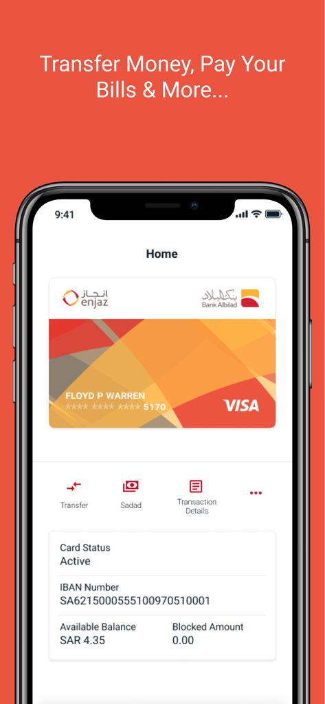 Enjaz App - Enjaz app dashboard displaying a digital Visa card and account details