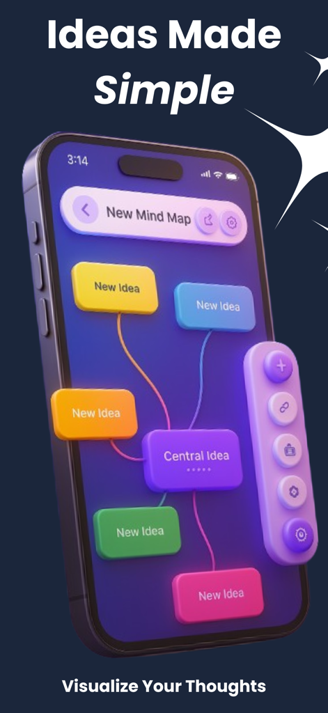 Mind Map: AI Powered - Un smartphone que muestra una interfaz de mapa mental 3D colorida con nodos para lluvia de ideas y organización de ideas