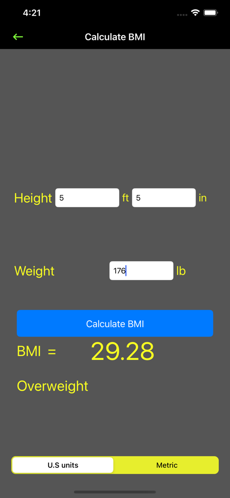 Height Comparison: Hikaku - Mobile screen showing a BMI calculator with height and weight input fields and an overweight classification result