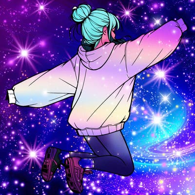 realistic girl jumping with a bun and oversized sweatshirt