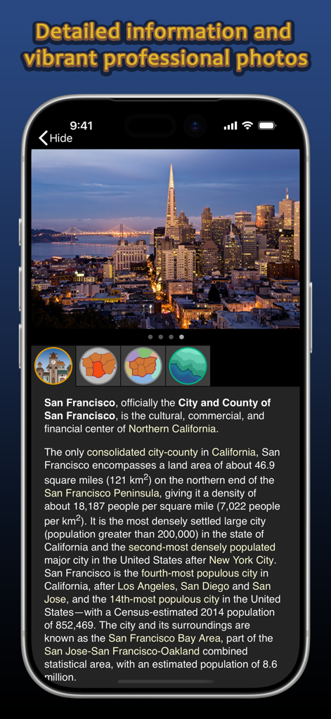 Earth 3D World Atlas app showing detailed city information and a professional photo of San Francisco