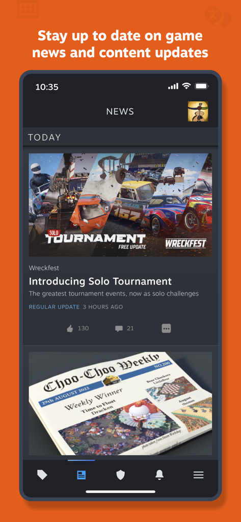 Steam Mobileアプリのニュースセクションのスクリーンショット。パーソナライズされたゲームのアップデートとコミュニティの告知が表示されています。
