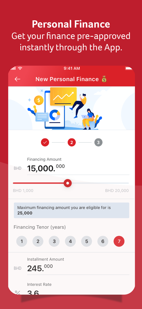 NBB Digital Banking - NBB Digital Banking app personal finance screen showing loan amount and installment options.