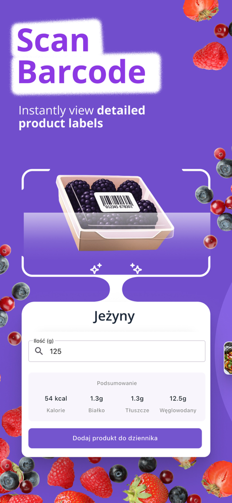 A smartphone screen displaying the Fitollo app barcode scanner feature for food tracking