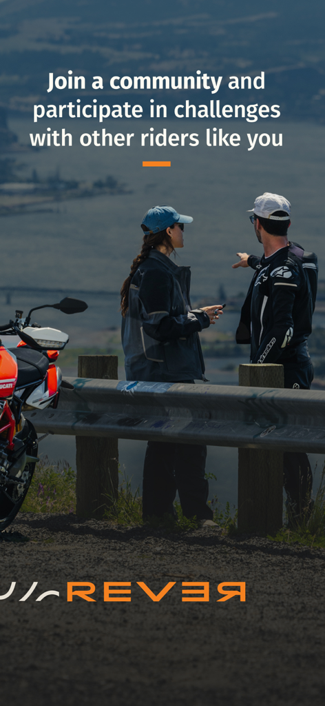 Two motorcycle riders standing by a scenic overlook using the REVER community app