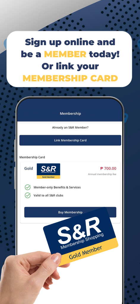 S&R Shopping - S&R Shopping App-Bildschirm mit Optionen zur Registrierung einer Mitgliedschaft oder zur Verknüpfung einer vorhandenen Gold-Mitgliedskarte.