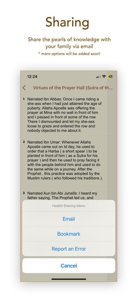 Una captura de pantalla de la aplicación Al Bukhari que muestra un texto de Hadiz con una superposición de menú para compartir que contiene opciones de correo electrónico y marcador