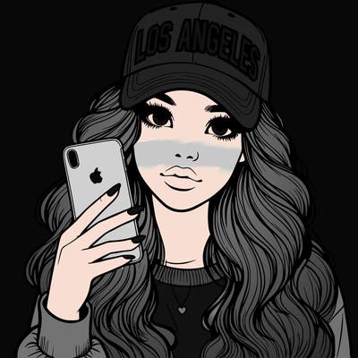 realistic beautiful girl wearing los ángeles cap holding an iphone