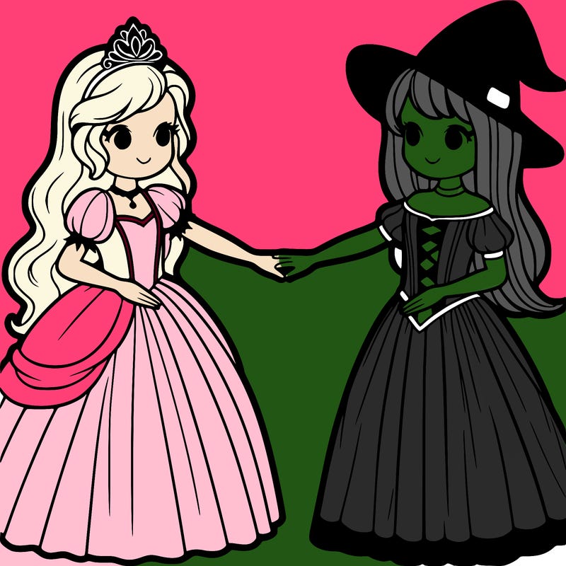 a princess and a witch holding hands realistic