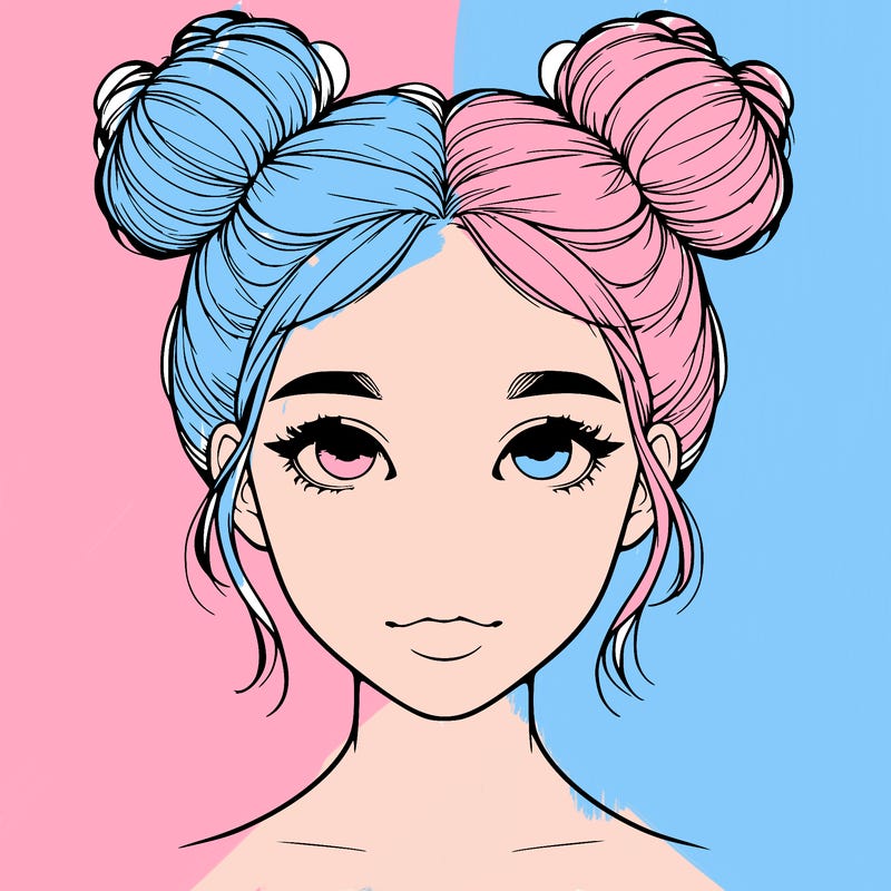 realistic girl with two buns on top of her head