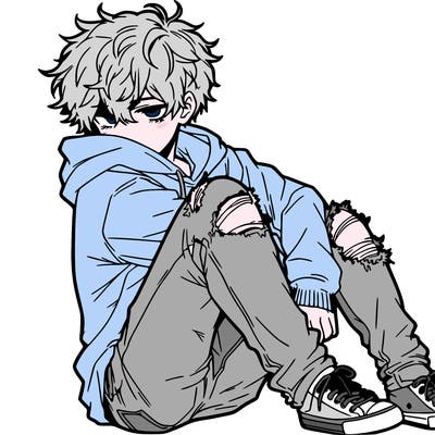 a male hoddie ripped jeans messy hair anime