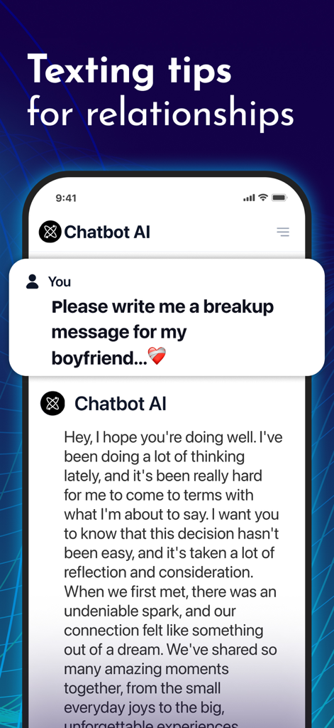 Uma interface de smartphone mostrando um chatbot de IA fornecendo uma mensagem de exemplo de término para conselhos de relacionamento.