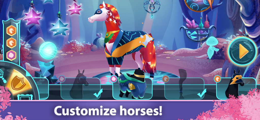 Horse Games EverRun - Horse customization screen in Horse Games EverRun showing armor and accessories