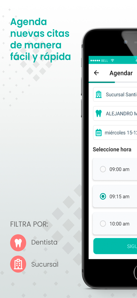 DENTIDESK APP - Mobile interface of the DentiDesk App showing a dental appointment scheduling screen with time selection and filters for dentist and branch location.
