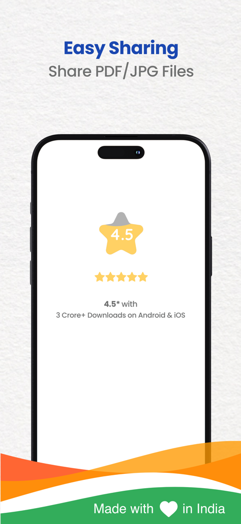 Kaagaz PDF Scanner & Compress - Screenshot of Kaagaz PDF Scanner app showing high ratings and easy sharing features for PDF and JPG files
