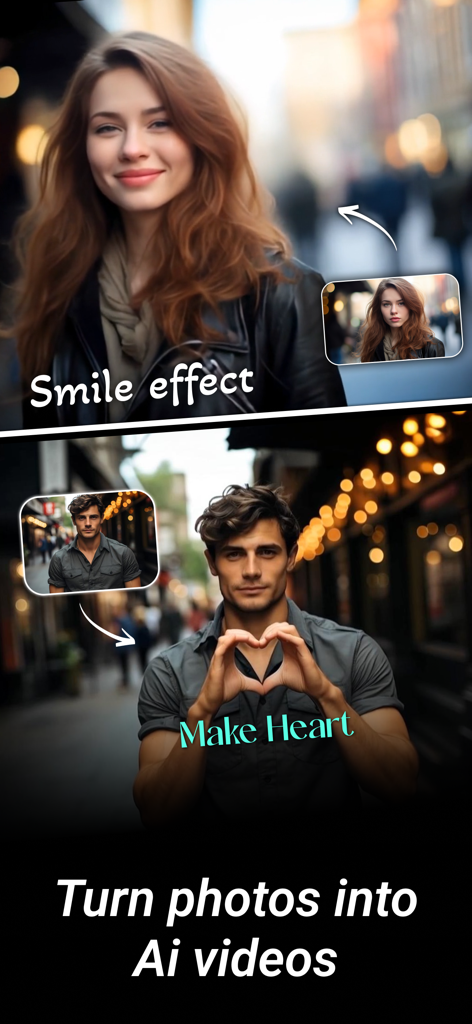 HVid : Ai Cloth Changer - Captura de tela do aplicativo mostrando o efeito de sorriso de IA e animação de gesto de coração para criar vídeos a partir de fotos estáticas.