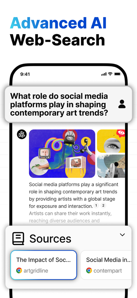 AI Chatbot Assistant - Chat - Interface of AI Chatbot Assistant showing the advanced web search feature with a query about social media and contemporary art trends including cited sources