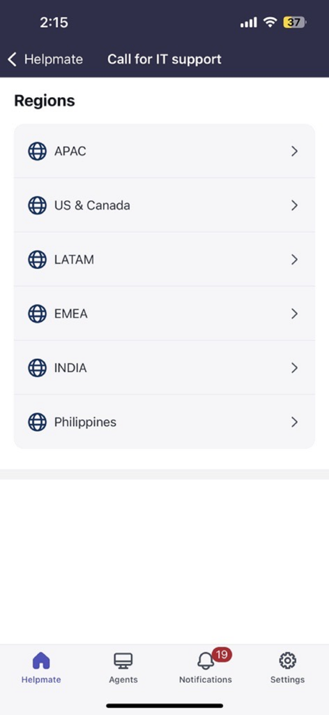 Genpact Hub - Genpact Hub regional IT support selection screen