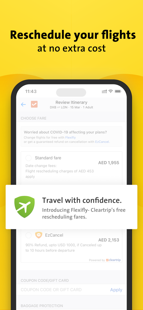 Cleartrip ME | Flight & Hotel - Mobile app screen for rescheduling flights with Cleartrip Flexifly