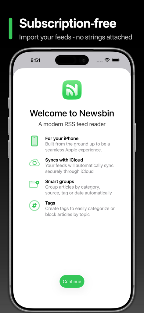 Willkommensbildschirm für die Newsbin RSS-Reader-App, der Schlüsselfunktionen wie iCloud-Synchronisierung und intelligente Gruppen hervorhebt.