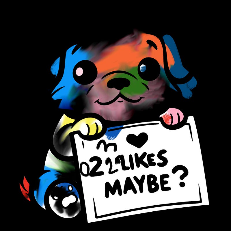 a puppy holding a sign that says 2 likes maybe?