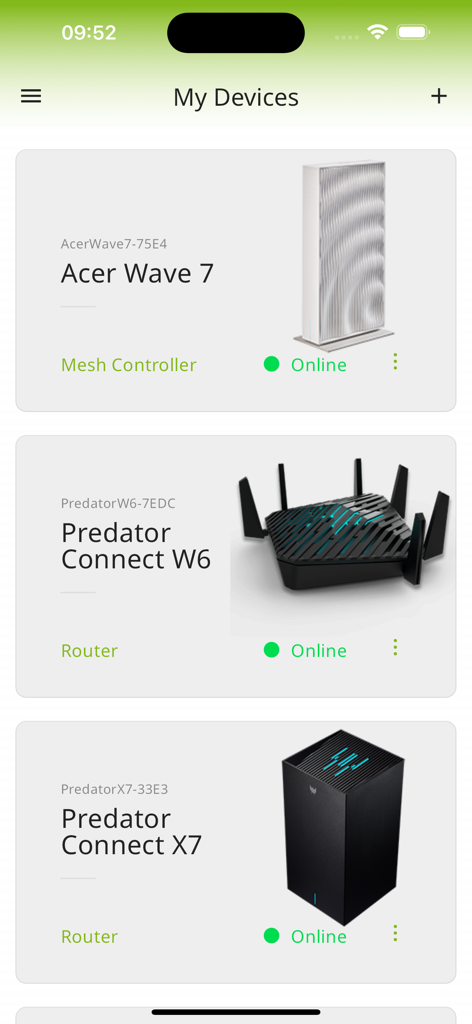 Acer Connect - The My Devices screen in the Acer Connect app showing the online status for Acer Wave 7 mesh controller and Predator Connect W6 and X7 routers.