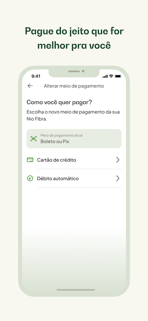 Captura de tela do aplicativo Nio mostrando diferentes opções de método de pagamento, como cartão de crédito e débito automático.