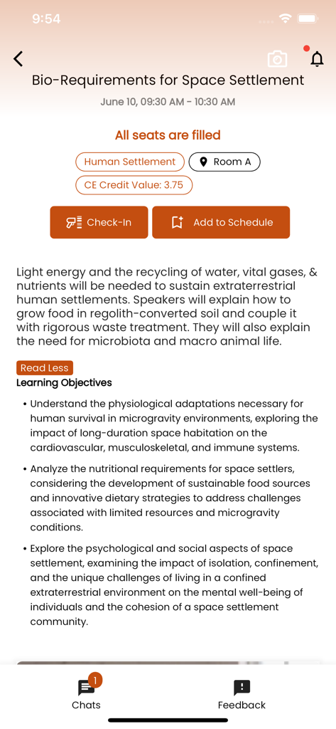 PheedLoop Go! - PheedLoop Go mobile app screen displaying details, learning objectives, and check-in options for a professional conference session.