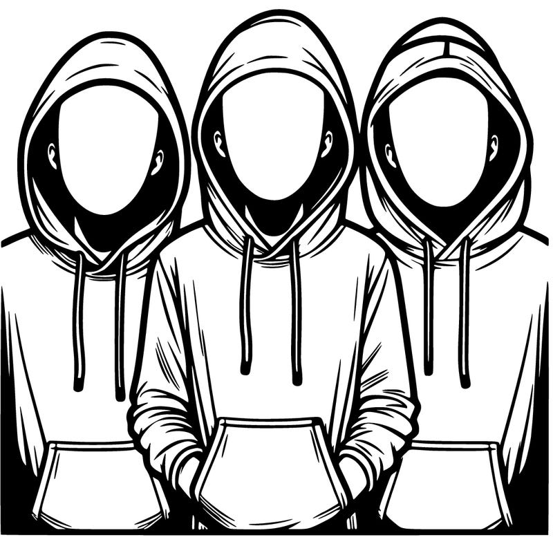 3 faceless people in  hoodies