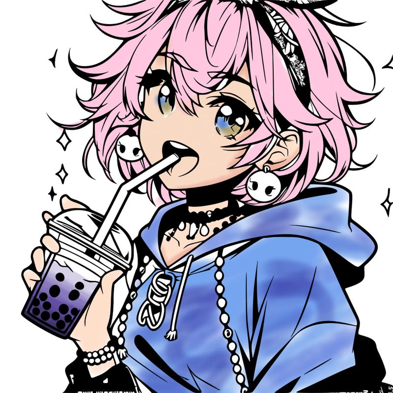 hot baddie anime girl drinking boba and biting the straw