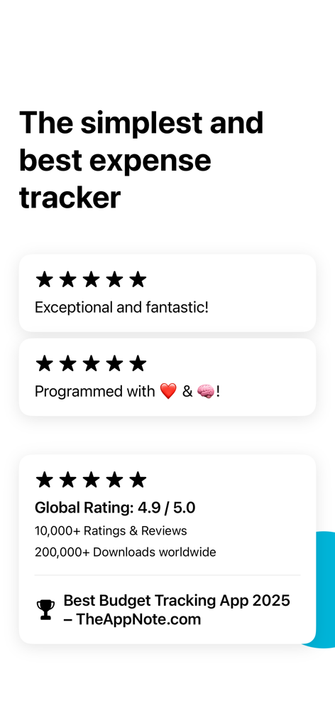 Promotional screen for Monee budget app showcasing high global ratings and the best budget tracking app 2025 award