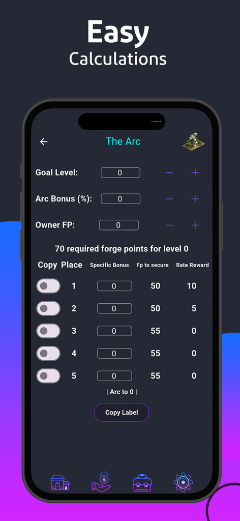 A calculator interface in the FoE Companion app showing forge point requirements and rewards for The Arc building
