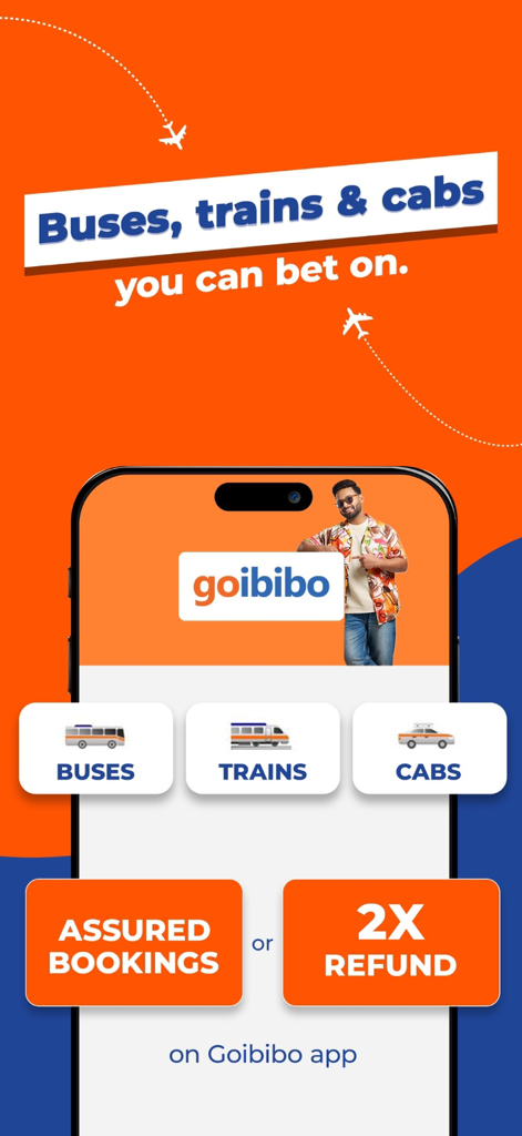 Goibibo App-Oberfläche für die Buchung von Bussen, Zügen und Taxis mit einer Garantie für bestätigte Buchungen oder 2-facher Rückerstattung