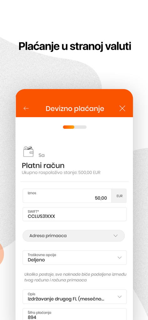 Banca Intesa Mobi app interface for making an international foreign currency payment