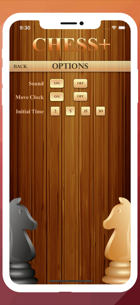 The options menu of Chess Plus Offline showing game settings for sound and clock